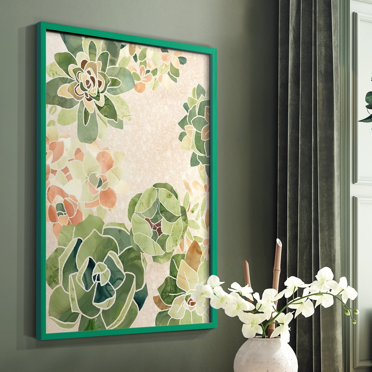 Stained Glass Succulents I Framed Print in Green Solid Wood Framed Print No Nail Hanging