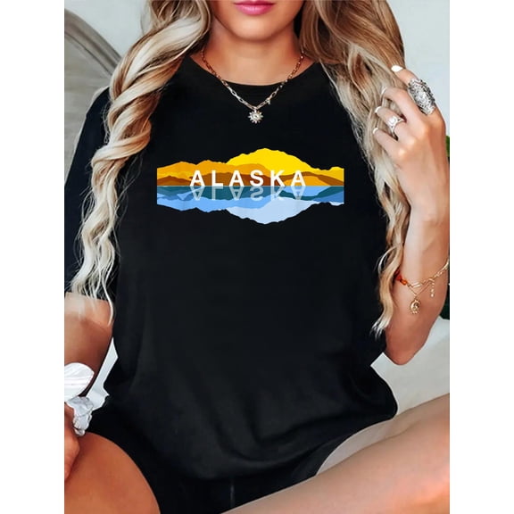 Alaska Mountain Reflections - Denali Mountain Souvenir T-Shirt casual short sleeve crew neck cotton tee tops for women