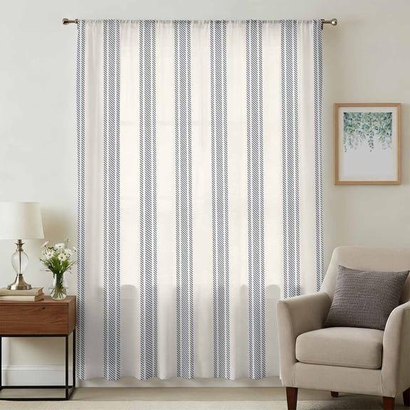 Blue Striped Sheer Curtains 84 Inches Long, Modern Stripes Farmhouse Light Filering Curtains, Breathable Simi Curtain Privacy Drapes for Living Room Bedroom Lightweight Window Treatment