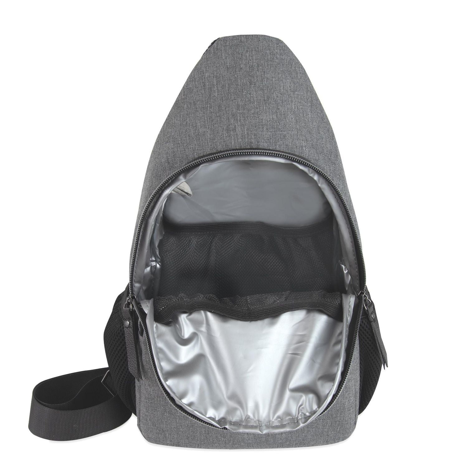 Baby Essentials Multi-Pocket Dual Zipper Crossbody Sling Diaper Bag Backpack with Matching 6-Ply Changing Pad and Mini Insulated Bottle Pockets in Grey and Black