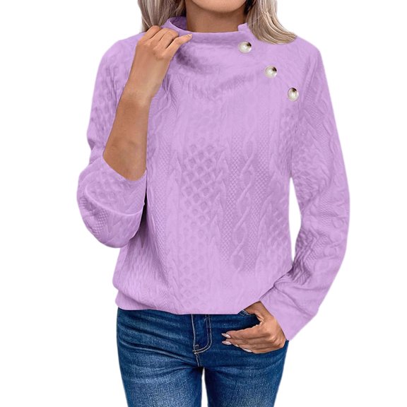 Smupbvky Womens Cable Knit Sweater Funnel Neck Button Pullover Trendy Winter Casual Cuffes Long Sleeve Thick Tops (XL, Purple)