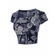 thumbnail image 2 of A2Y Women's Basic Solid Printed Scoop Neck Cap Sleeve Fitted Crop Rayon Top Tee Shirt Leaf Navy L, 2 of 3