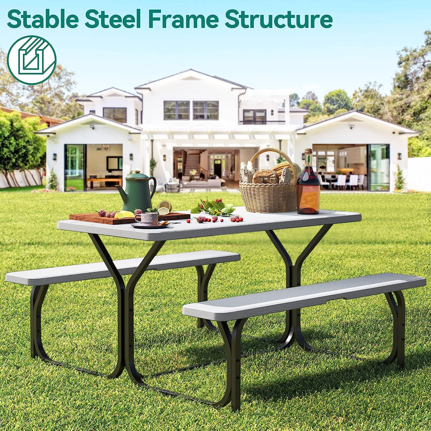 Dextrus Picnic Table Bench Set 6 ft Outdoor Camping with Stable Steel Frame & Wooden Texture Tabletop Weather Resistant w/Umbrella Hole - Light Gray