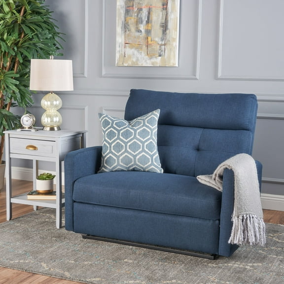 Navy Blue Reclining Loveseat Sofa, Leather Double Recliner Wall Hugger, Contemporary Fabric Sofa for Living Room, RV, Home with Plush Tufted Design