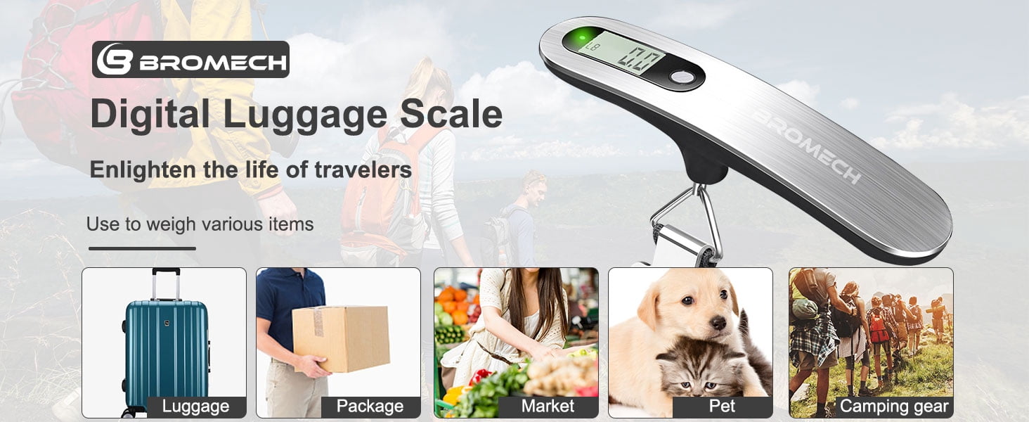 BROMECH Luggage Scale, 110lbs Portable Digital Hanging Baggage Scale, Stainless Steel Travel Weighing Scale with Hook & Battery, Strong Straps Suitcase Scale Suitable for Travel (Silver)