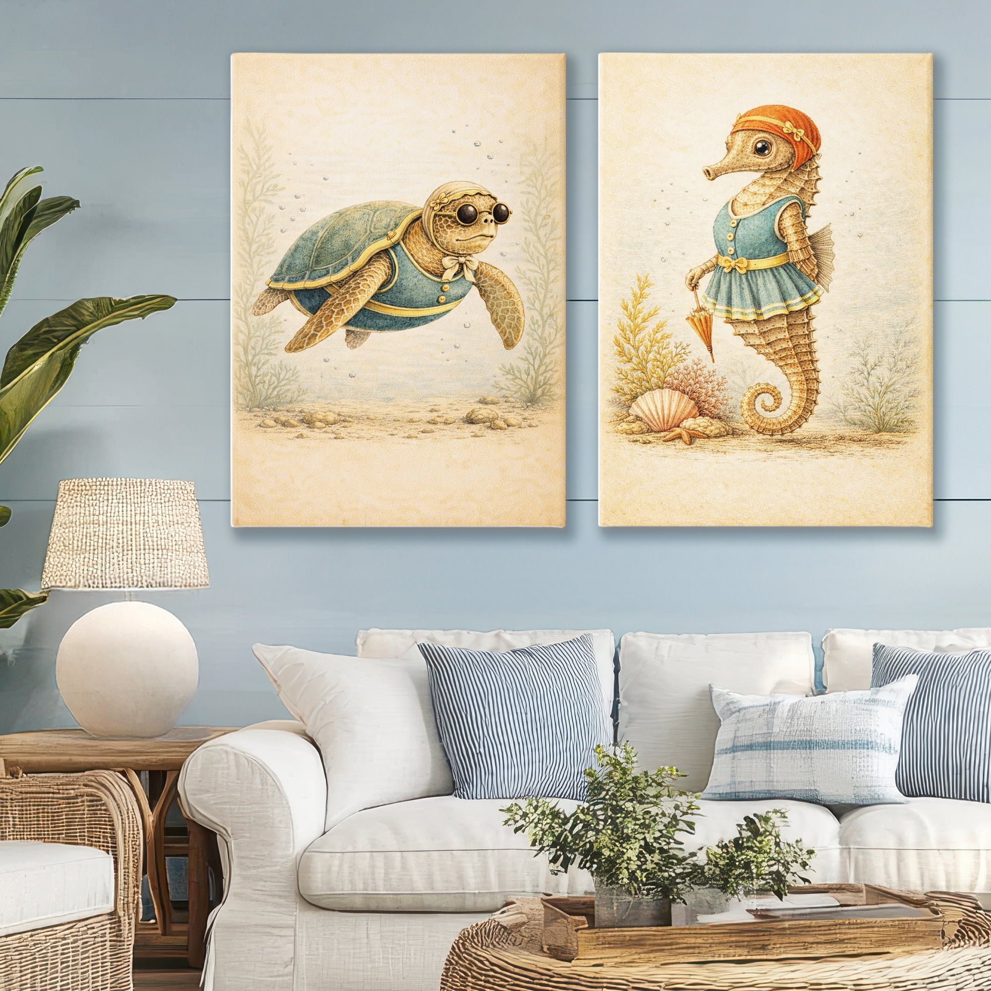 Stupell Industries Vintage Maritime Bathing Animals 2 Piece Canvas Wall Art Set, design by Grotto Studios