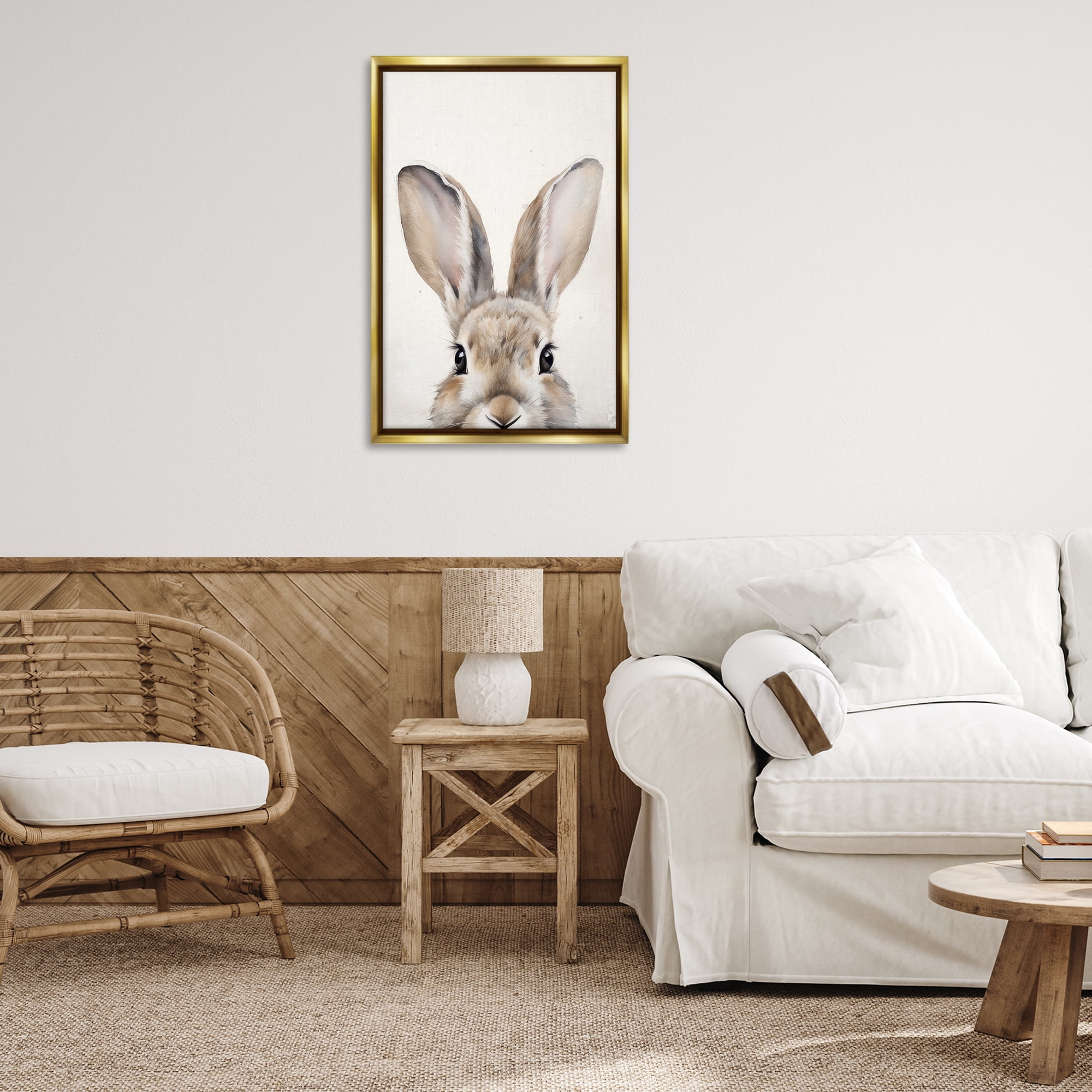 Stupell Industries Peeking Rabbit Eyes Animals & Insects Painting Gold Floater Framed Canvas Art Print Wall Art, 21 x 31