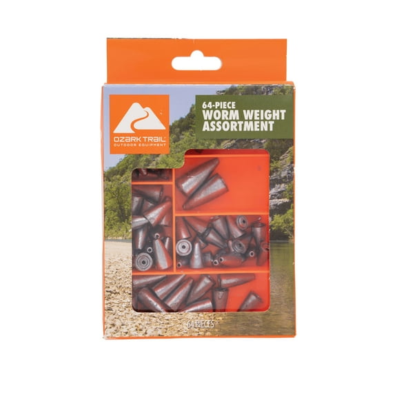 Ozark Trail Sinker Value Pack 64 Piece Worm Fishing Weight Assortment