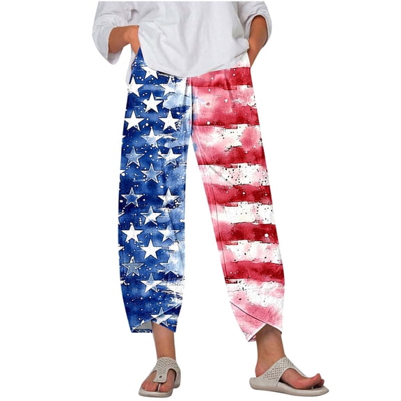 qelini Wide Leg Pants for Women Plus Size 4th of July Capris Pants Elastic Waist Print Ankle Pants Daily Wear