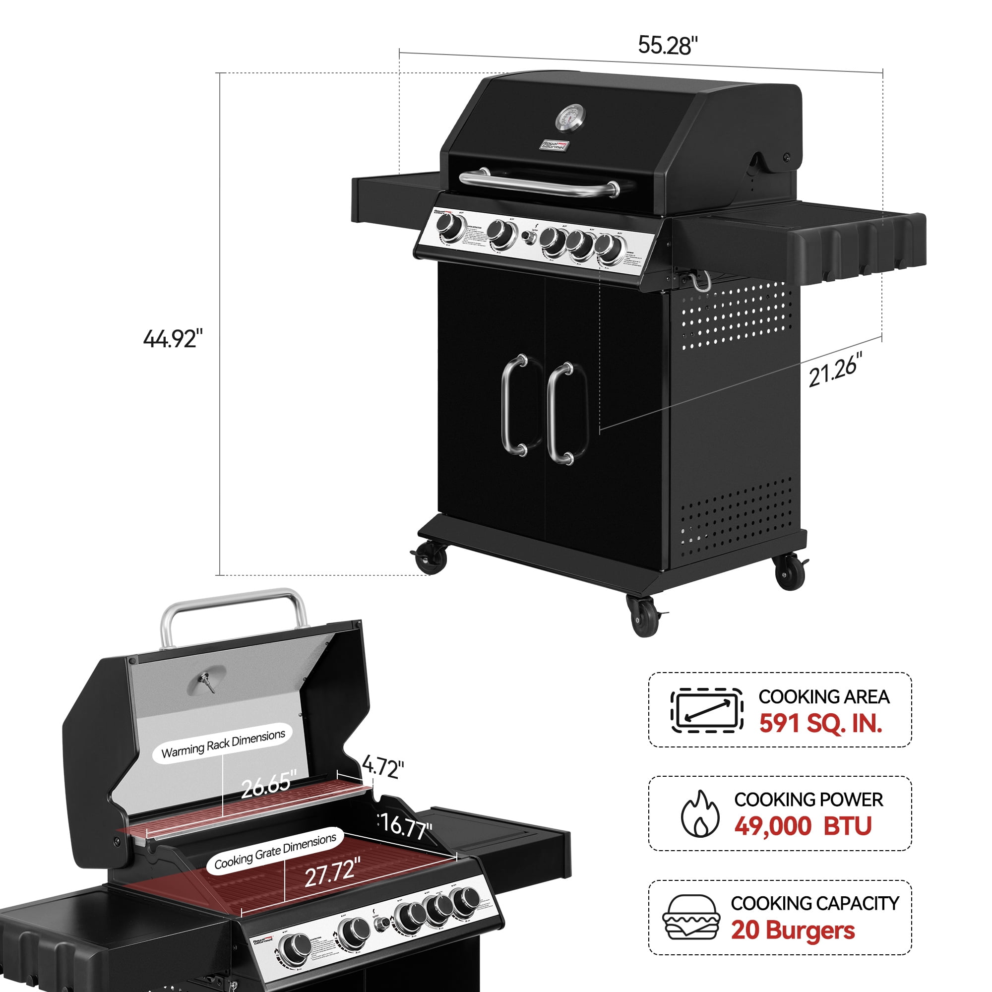 Royal Gourmet SG5003H 4-Burner Gas Grill with Lidded Side Burner, Cabinet Style Propane Gas Grill