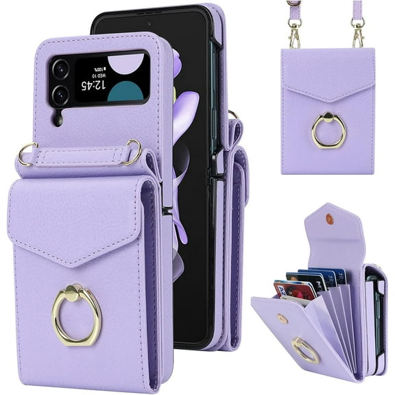 Compatible Wallet Case for Samsung Galaxy Z Flip 4 Case Leather with 4 Card Holder & 360°Rotating Ring Holder,Wrist Strap RFID Blocking Case for Samsung Flip 4 Phone Cover Case for Women Purple