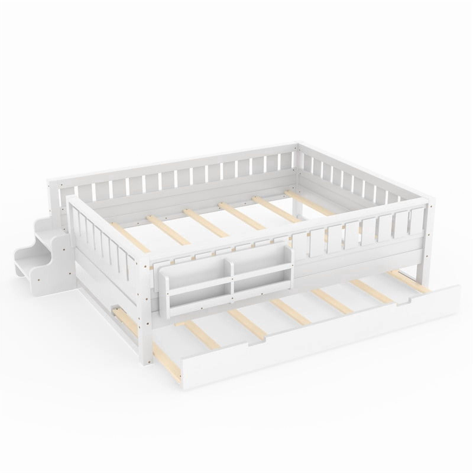 Queen Size Low-Profile Kid's Platform Bed with Built-in Bookshelves & Small Staircase, Wooden Bed Frame with Safety Rails & Trundle