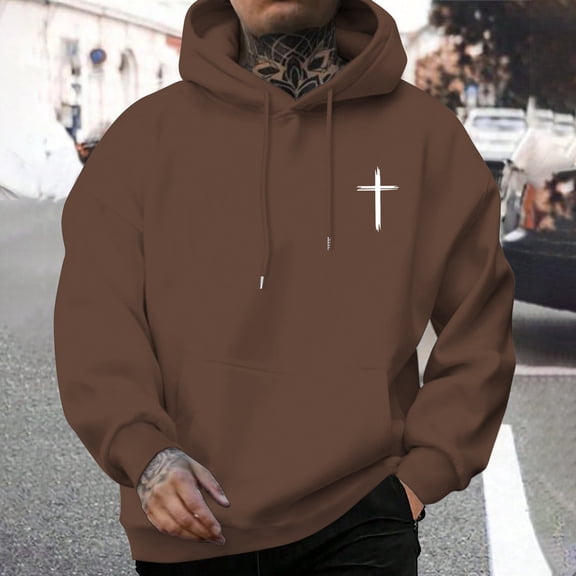 FAOWME Men's Hoodies With Pocket Long Sleeve Letter Print Drawstring Comfortable Breathable Sweatshirt For Casual Daily Wear Coffee Xl