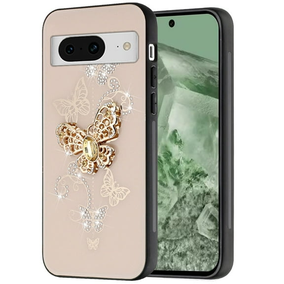 Designed for Google Pixel 8A Diamonds 3D Bling Sparkly Glitter Ornaments Engraving Hybrid Fashion Ring Stand Phone Case Cover [Gold Garden Butterflies]
