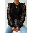 thumbnail image 1 of Women's Black Floral Applique Mesh Sleeves Textured Knit Blouse, 1 of 6