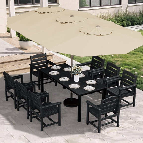 SERWALL 10-Piece Outdoor Dining Set with Umbrella, 75" HDPE All Weather Patio Table and Chairs, Black (umbrella base not included)