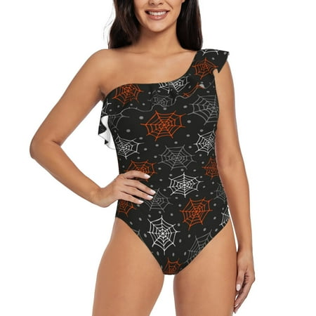 Uemuo Spider Web Print Women s One Piece Swimsuit Asymmetrical Neck Bathing Suit One Shoulder Side Cutout Ruffle Swimwear-XX-Large