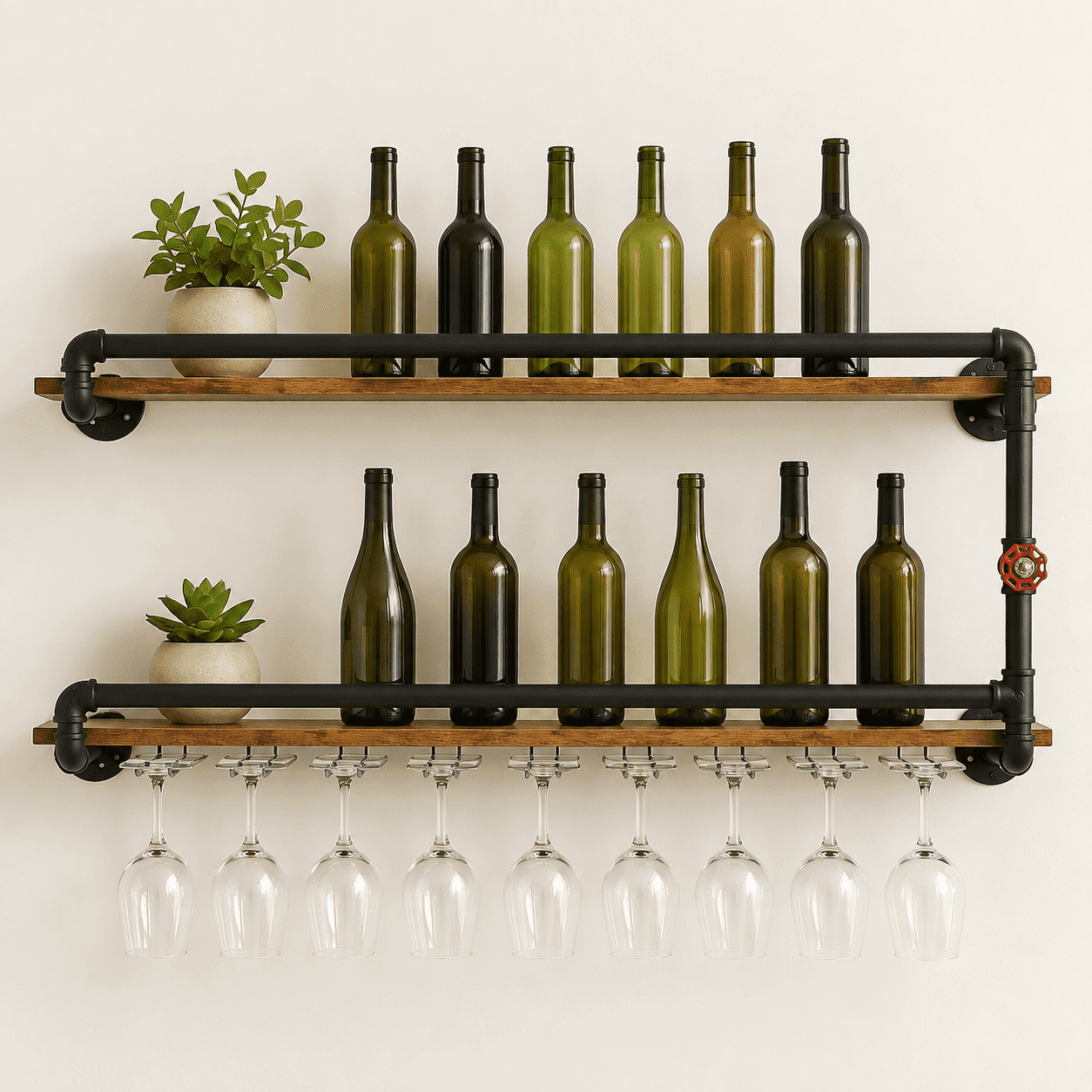 Wine Rack Wall Mounted 2 Tier Black | Hanging Floating Bar Liquor Shelves with Glass Holder Storage Under Industrial Rustic Pipe Farmhouse Kitchen Decor