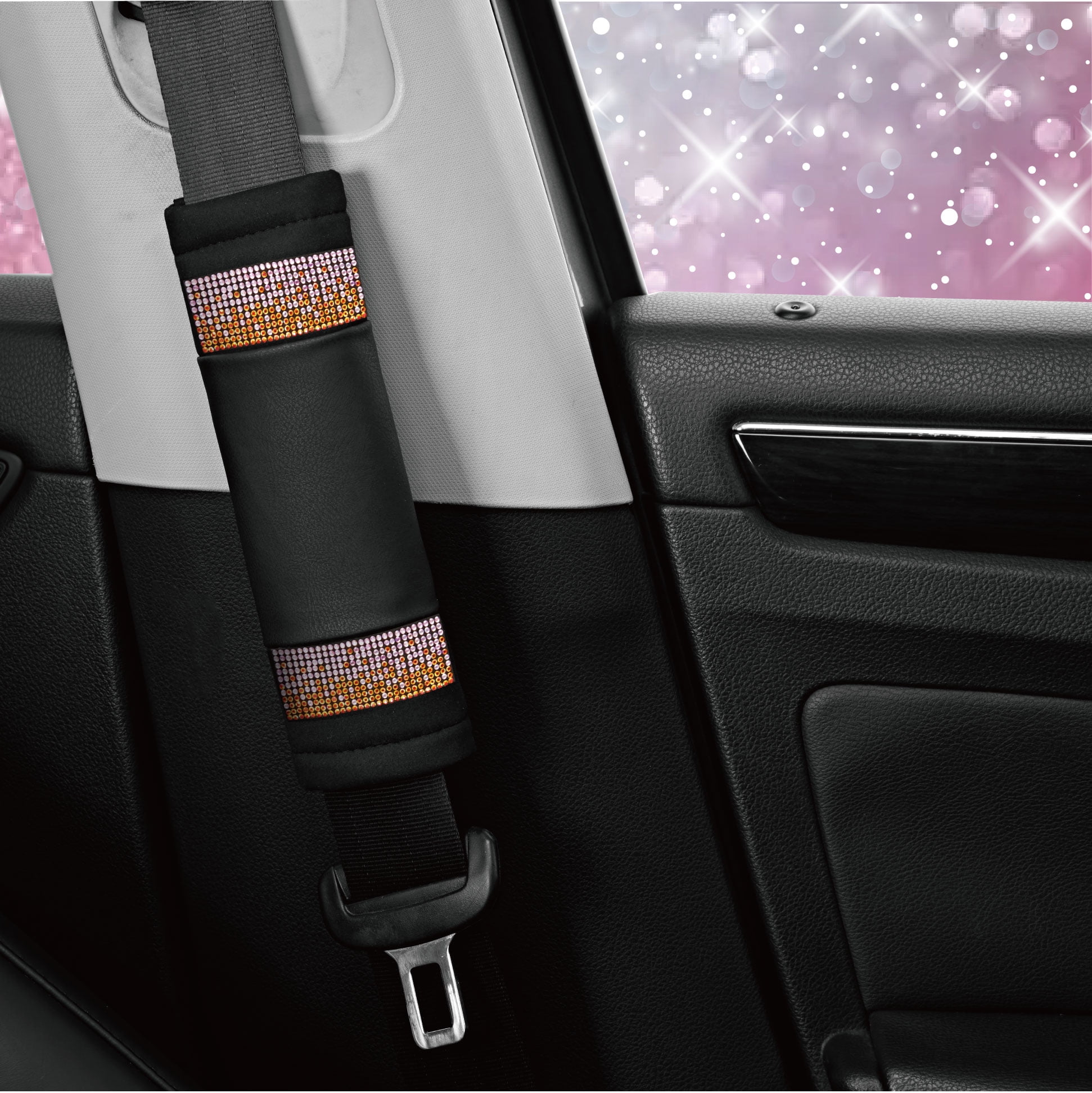 Auto Drive Bling Diamond Seat Belt Pads, 2-Pack Soft Shoulder Strap Covers, Universal Fit for Cars, SUVs Pink Orange