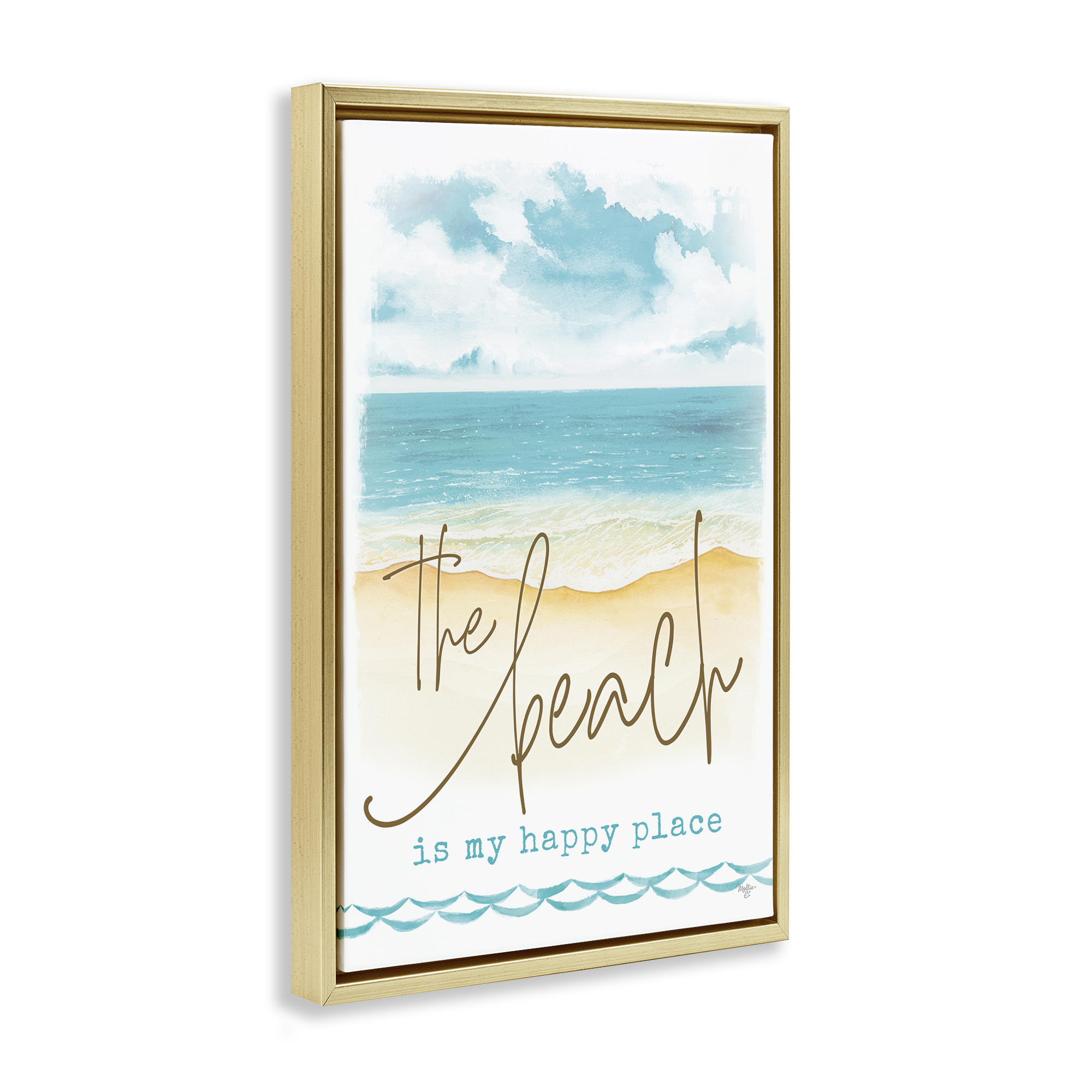 Stupell Industries Beach is Happy Place Text & Numbers Painting Gold Floater Framed Canvas Art Print Wall Art, 21 x 31