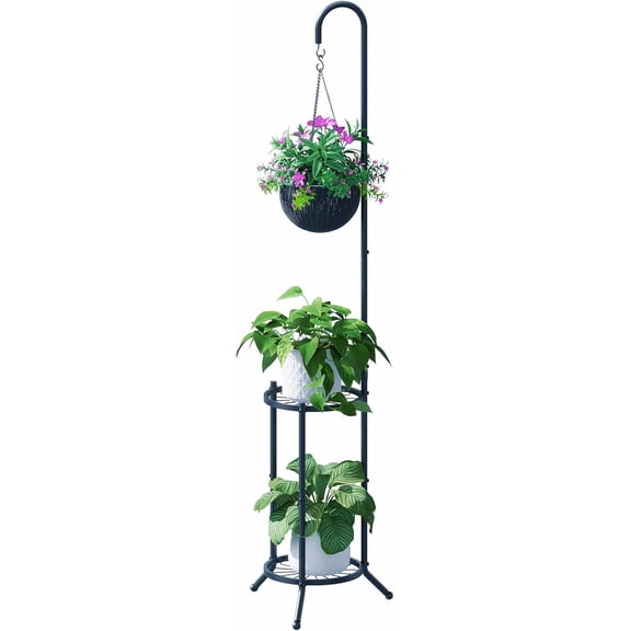 2-tier Hanging Plant Stand Plant Hanger Indoor Outdoor Corner Plant Stands for Indoor Plants, Indoor Outdoor Heavy Duty Planter Shelving Unit (Hooked-style,Black)
