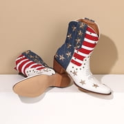 Pandaie Cowboy Boots for Women Western Pull on Snip Toe Flag Booties Country Chunky Heel Fall Ankle Short Boots White 10.5