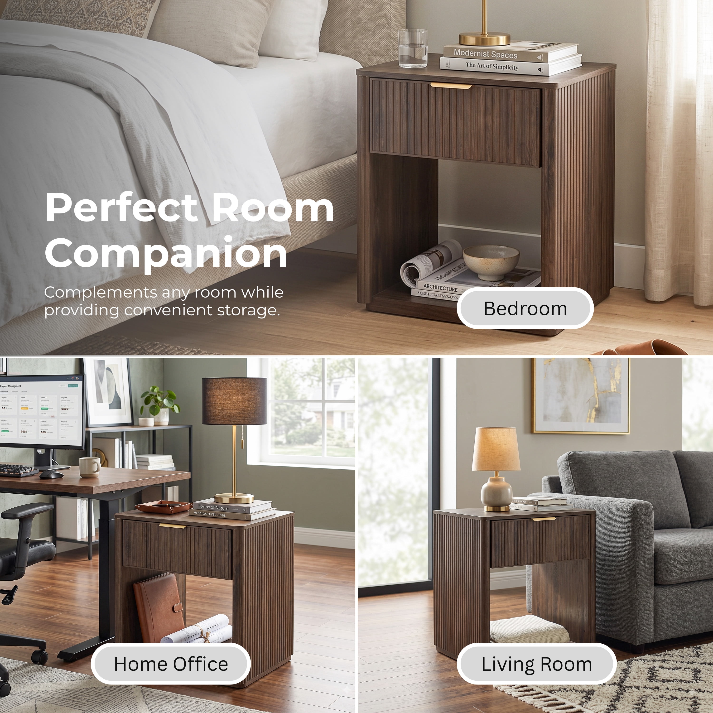 Furniture of America Elarin Modern Wood 1-Drawer Nightstand with Open Bottom Shelf, Walnut