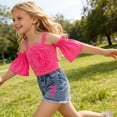 thumbnail image 7 of Girls 2Pcs Skirts Sets Outfits Summer Off Shoulder Crewneck Tops and Denim Vintage Skirts Versatile Cute Bow Print Tops School Outfits Casual Children Clothes Age 2-8 Years Pink 6-7Years, 7 of 7