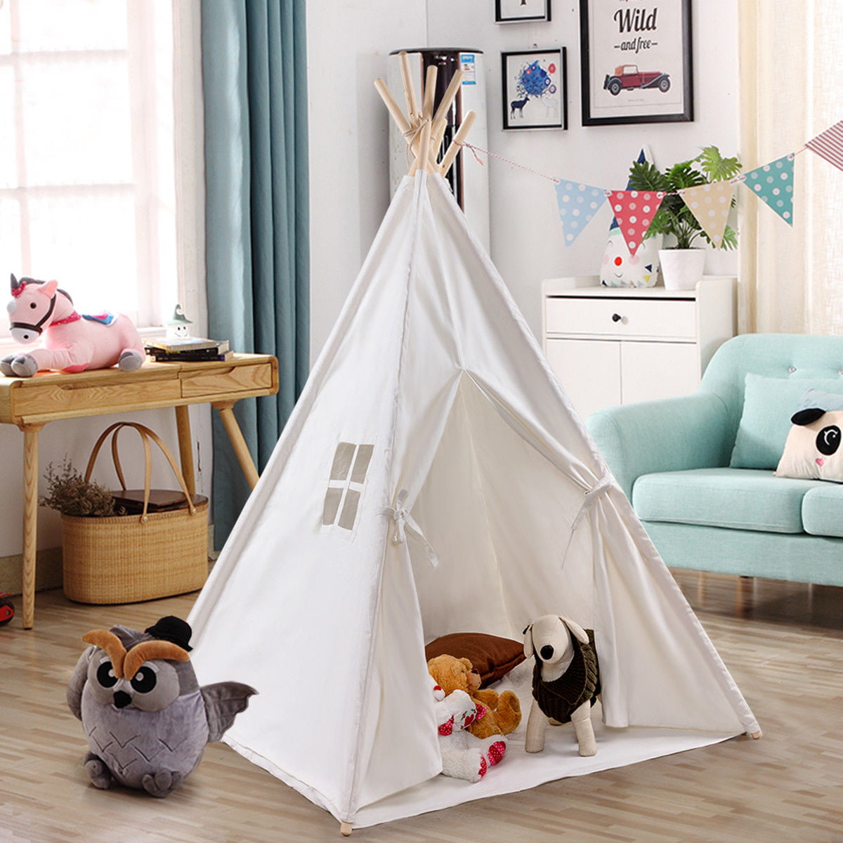 White Teepee Play Tent Kids Canvas Playhouse Sleeping Dome w/ Carrying Bag White 