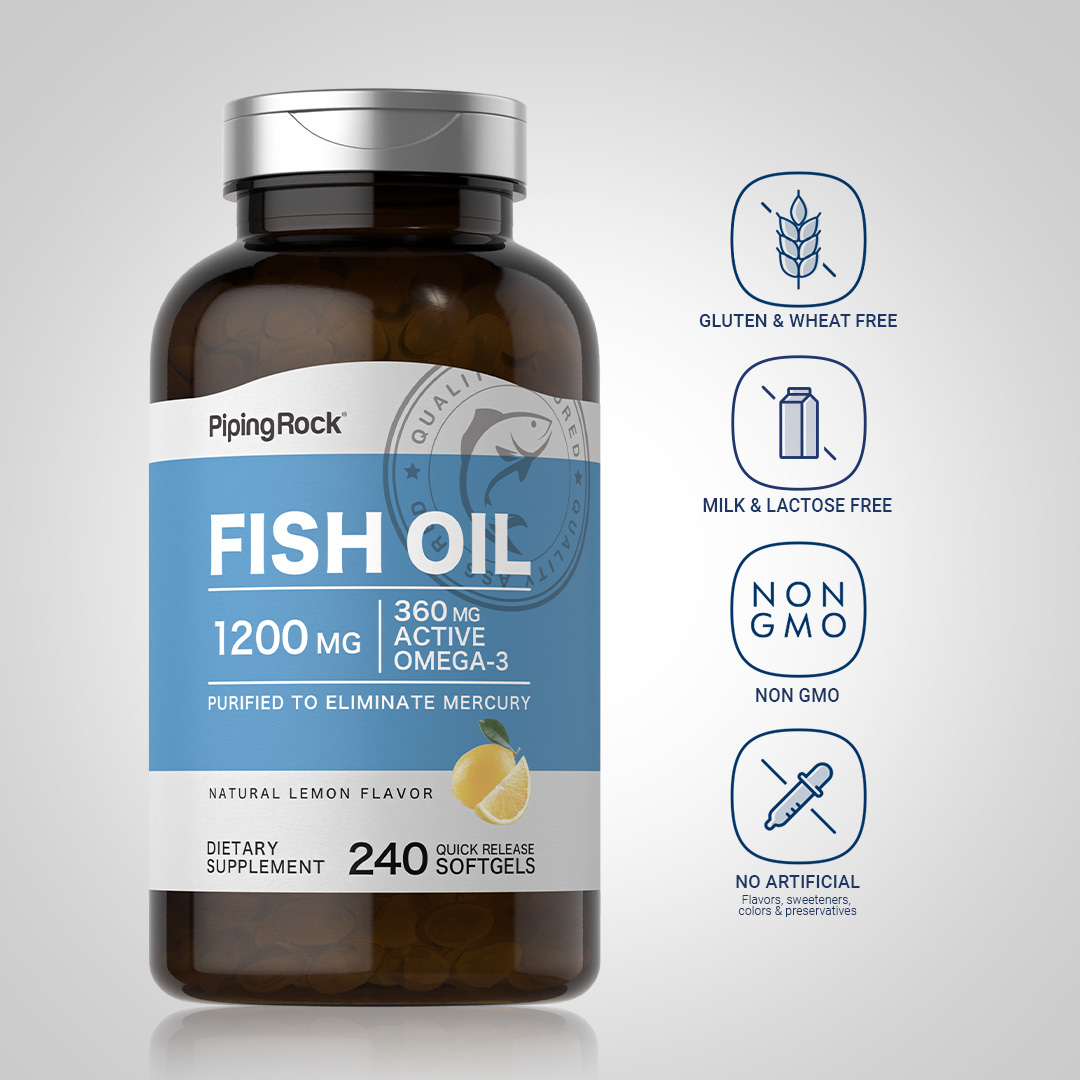 Omega-3 Fish Oil Lemon Flavor 1200 mg | 240 Softgels for Men and Women | by Piping Rock