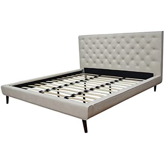 Alice Mid-Century Modern  Velvet Upholstered Platform Bed King Size in Beige