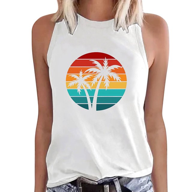 Gibobby Mujeres Casual Cocotero Impresión Mangas Cuello Redondo Camiseta Suelta Blusa Tops(Blanco,G)