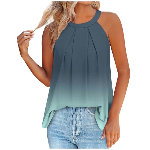 Timegard Womens Tank Tops Gradient Color Crew Neck Back Button Ruched Casual Sleeveless Tops Blouses