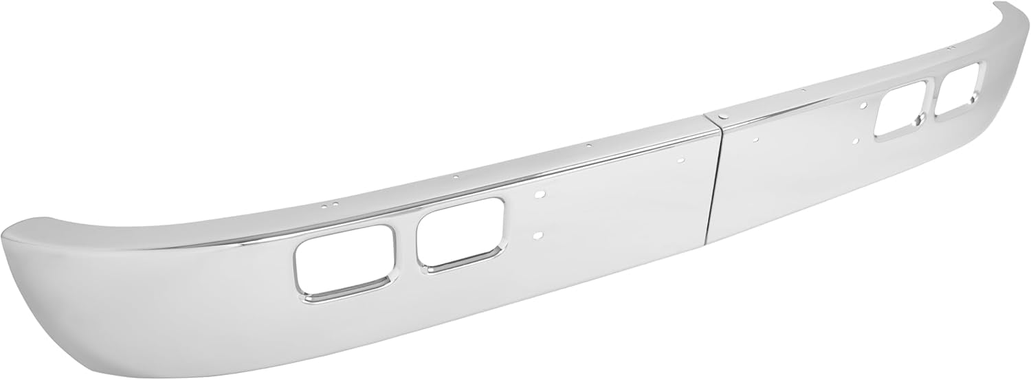 Kojem Front Bumper for 1989-2003 International 4600, 4700, 4800, 4900, 8100 W/Tow, Fog Light Cutouts, Slight Angle Back Steel Chrome Silvery