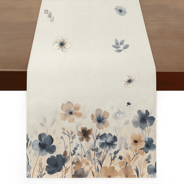 Brown Poppy Floral Leaves Spring Table Runner 72 Inch Long Linen Washable Non-Slip Table Runners Kitchen Dining Table Decoration for Kitchen Home Dining Table Outdoor