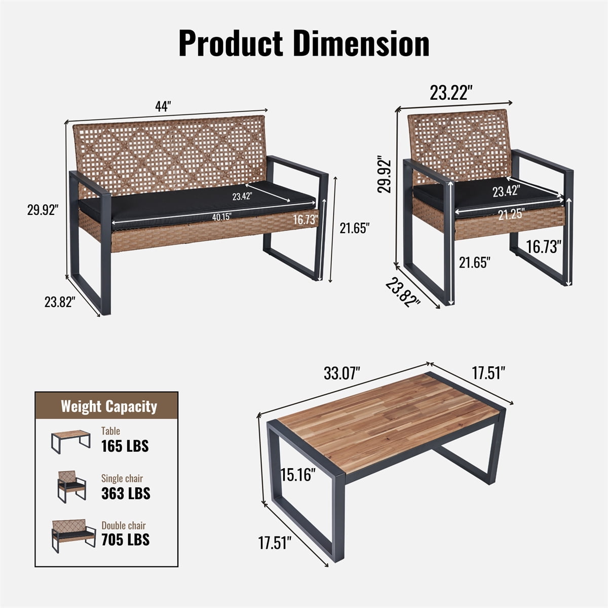 YIORTWO 4-Piece Patio Furniture Set, Outdoor Wicker Conversation Set with Acacia Wood Coffee Table and Beige Cushions, Light Brown