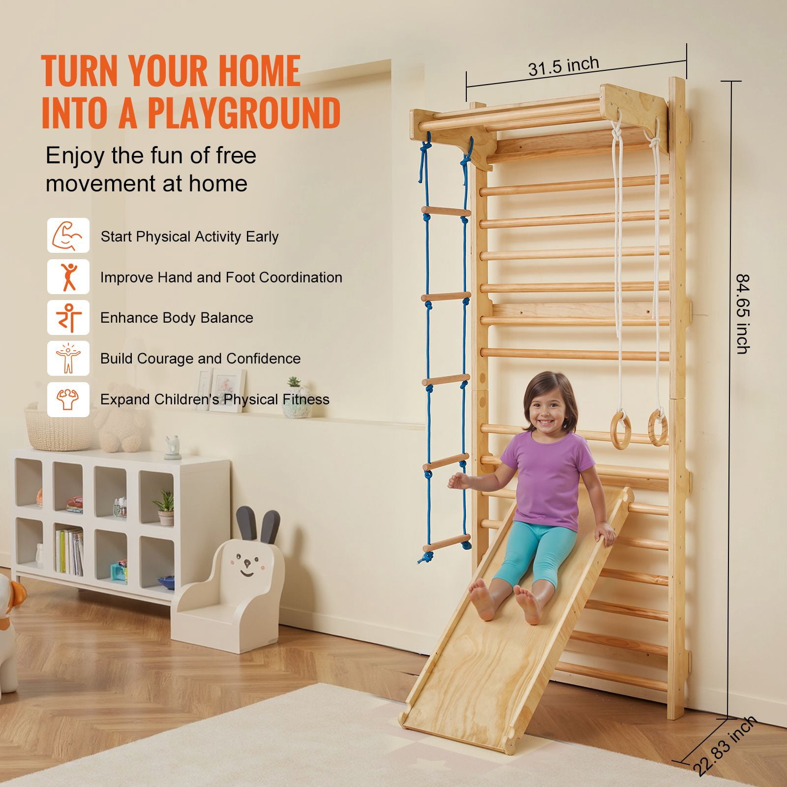 Swedish Ladder Wall Gym, 5 in 1 Wooden Indoor Playground Climbing Toys, 220 lbs Load Capacity Swedish Wall Ladder with Pull-Up Bar, Gymnastic Rings, Wall Ladder, Rope Ladder, and Slide Board