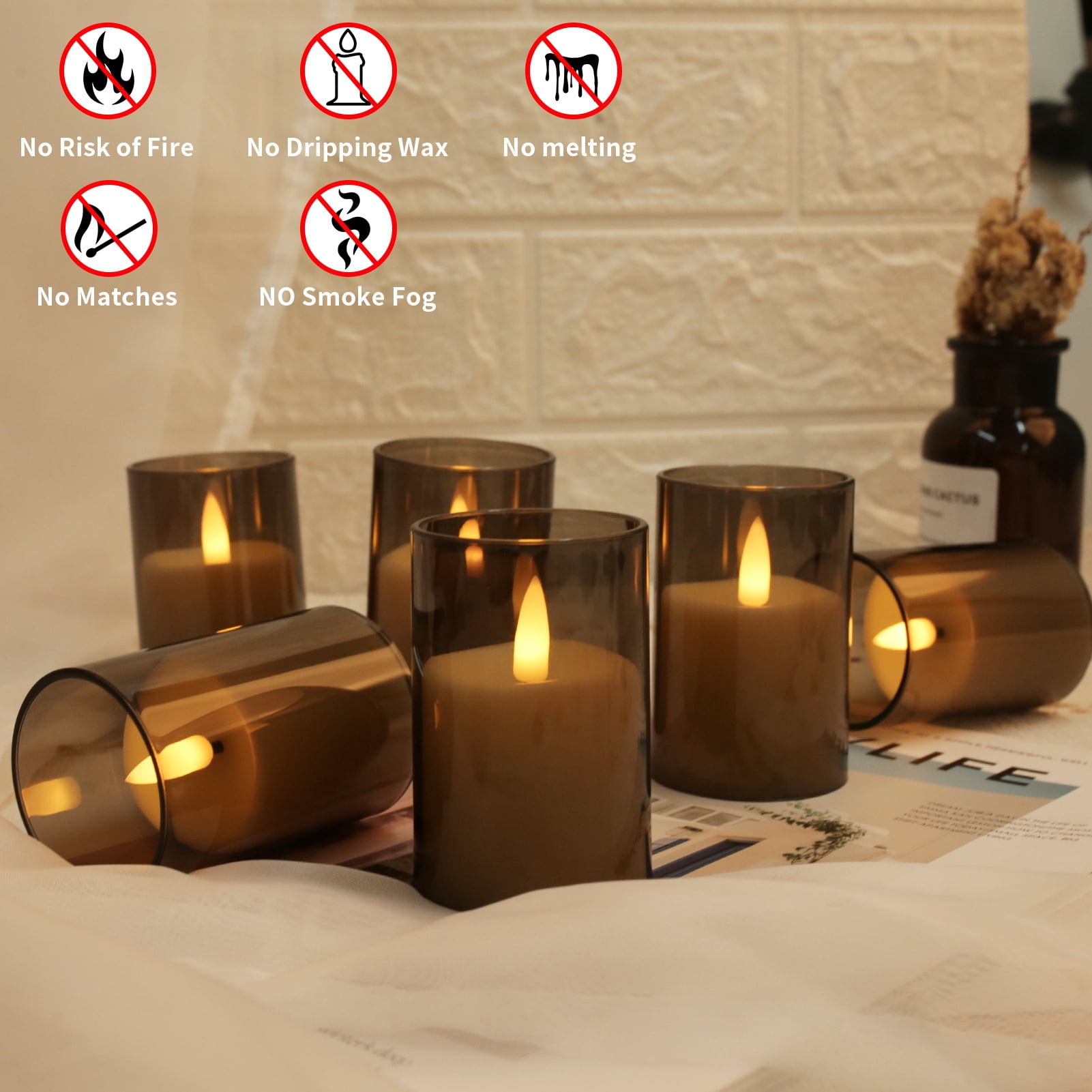 6Pack Glass Flickering Flameless Candles with Remote, 2"X3" Real Wax Votive Candles Battery Operated, Small Electric LED Candles for Wedding Home Decor, w/4 Timers+2 Lighting Modes [Gray]