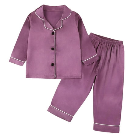 Youmylove Girls Pajamas 2 Piece Outfits Toddler Boys Girls Satin Pajama Set Long Sleeve Shirt Pants 2Pcs Button-Down Nightwear Sleepwear Casual Wear Comfy Loungewear Sets 5-6 Years