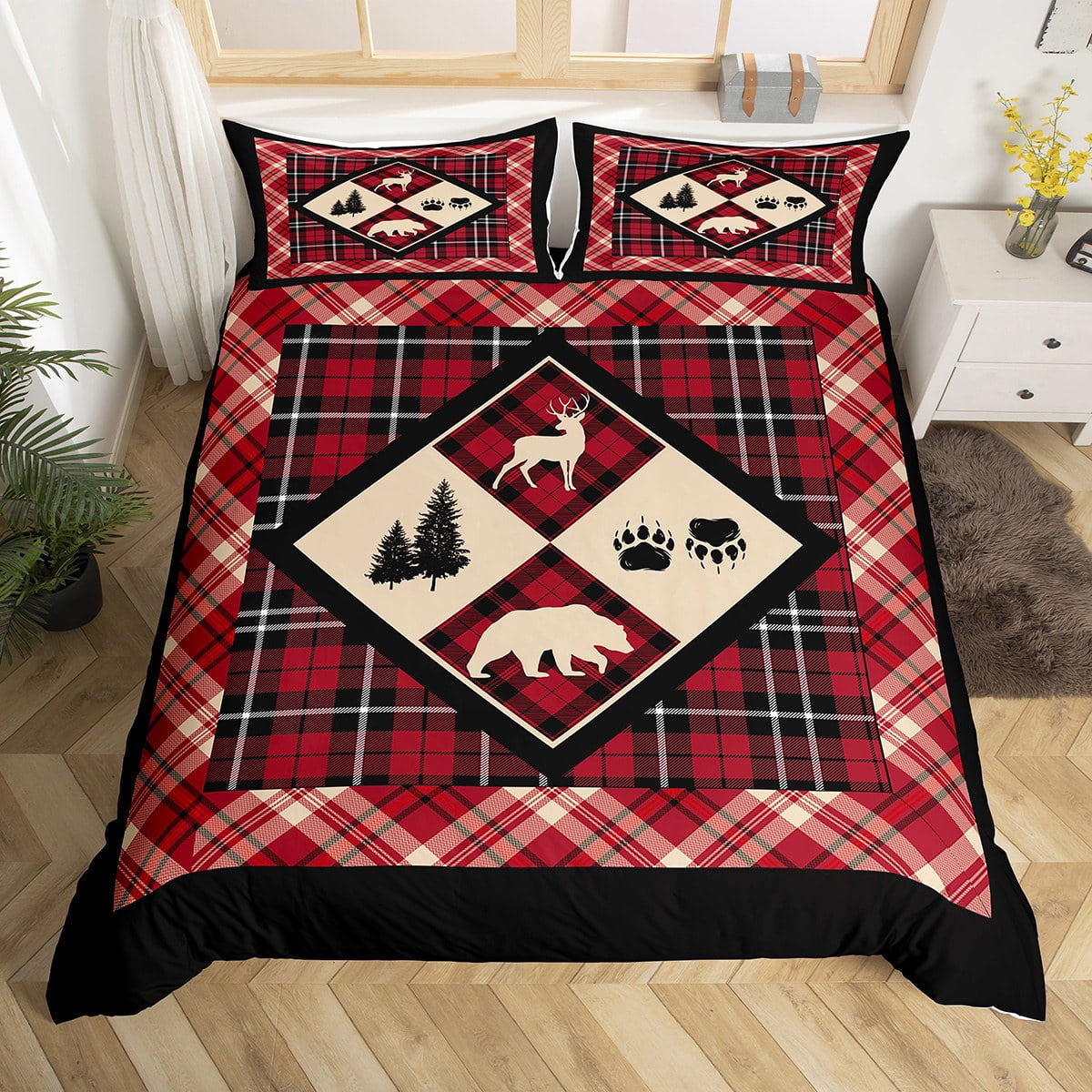 YST Lodge Duvet Cover King Diamond Bear Deer Lodge Bedding Set for