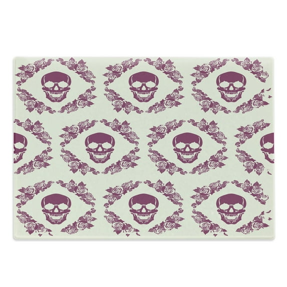 Sugar Skull Cutting Board, Monochrome Style Calavera Inspired Surround by Circular Floral Wreath Print, Decorative Tempered Glass Cutting and Serving Board, Large Size, Fuchsia Cream, by Ambesonne