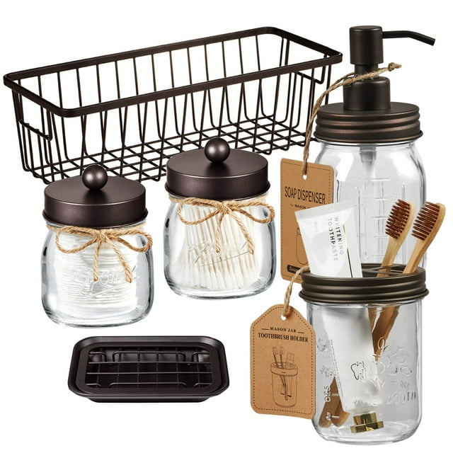 Set de accesorios de baño SheeChung Mason Jars, 6 unidades, color marrón