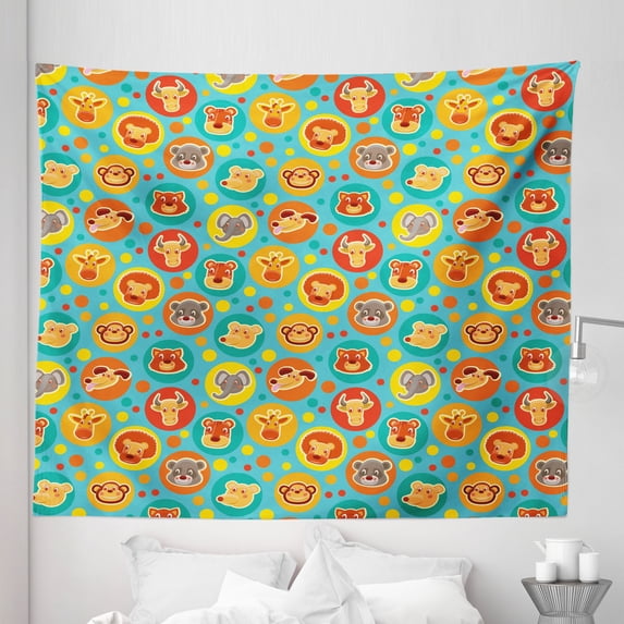 Cartoon Animal Tapestry, Comic Animal Faces on Colorful Dots Happy Fun Characters, Fabric Wall Hanging Decor for Bedroom Living Room Dorm, 5 Sizes, Multicolor, by Ambesonne