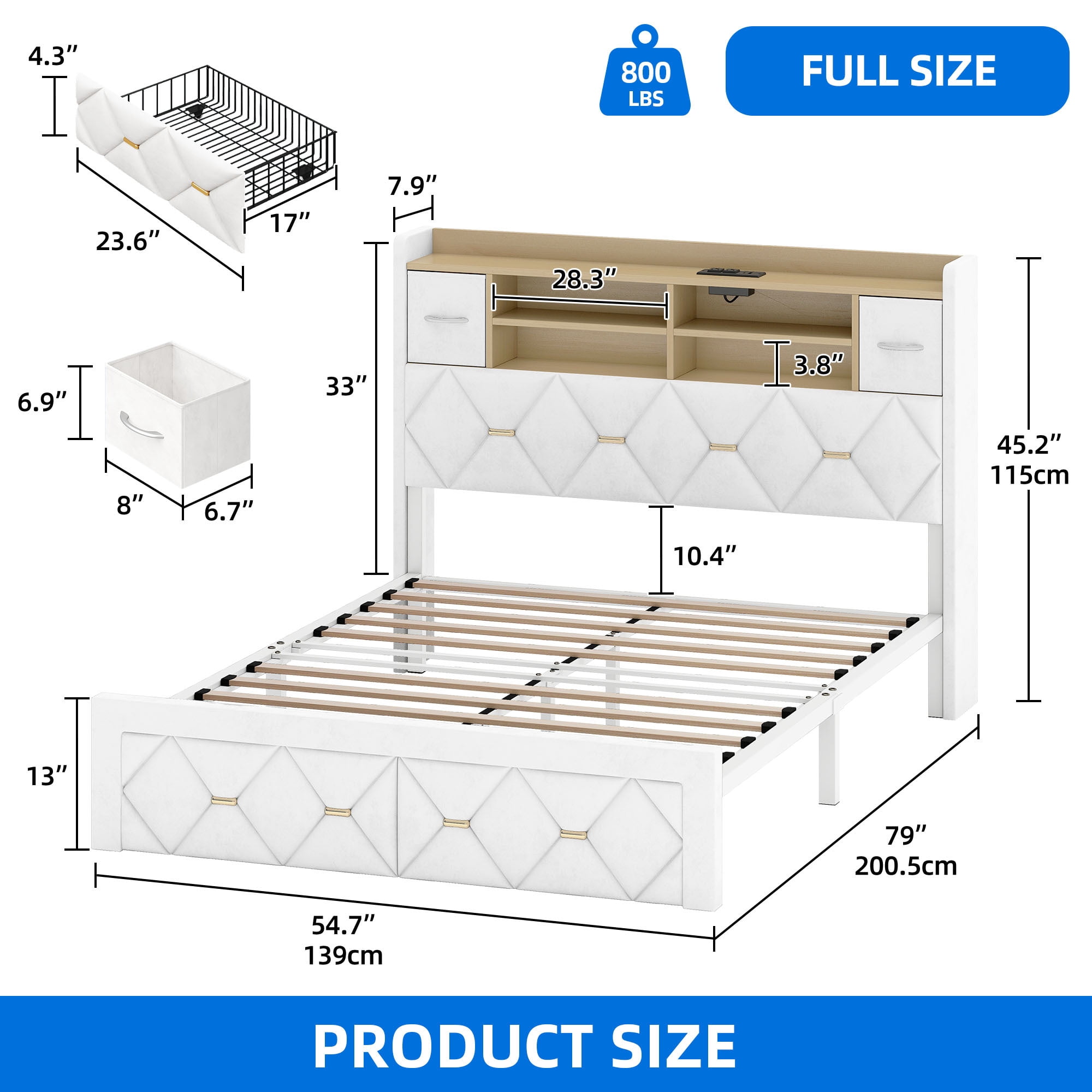 Uforic Full Size Bed Frame with Storage & Power Outlets, PU Leather Bed Frame with LED Lights, White