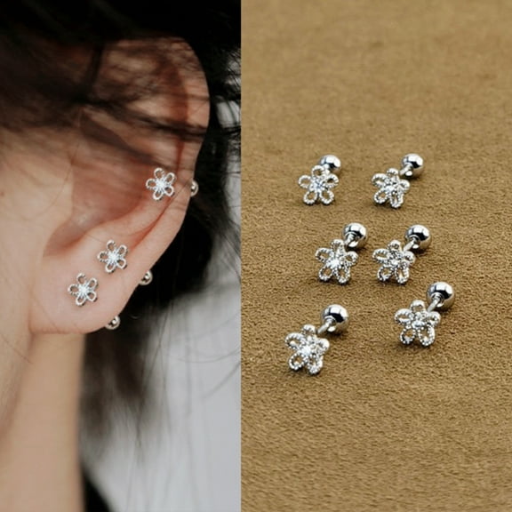 Silver Small Flower Stud Earrings, Women's Dainty Screw Back Stud Earrings, Gift