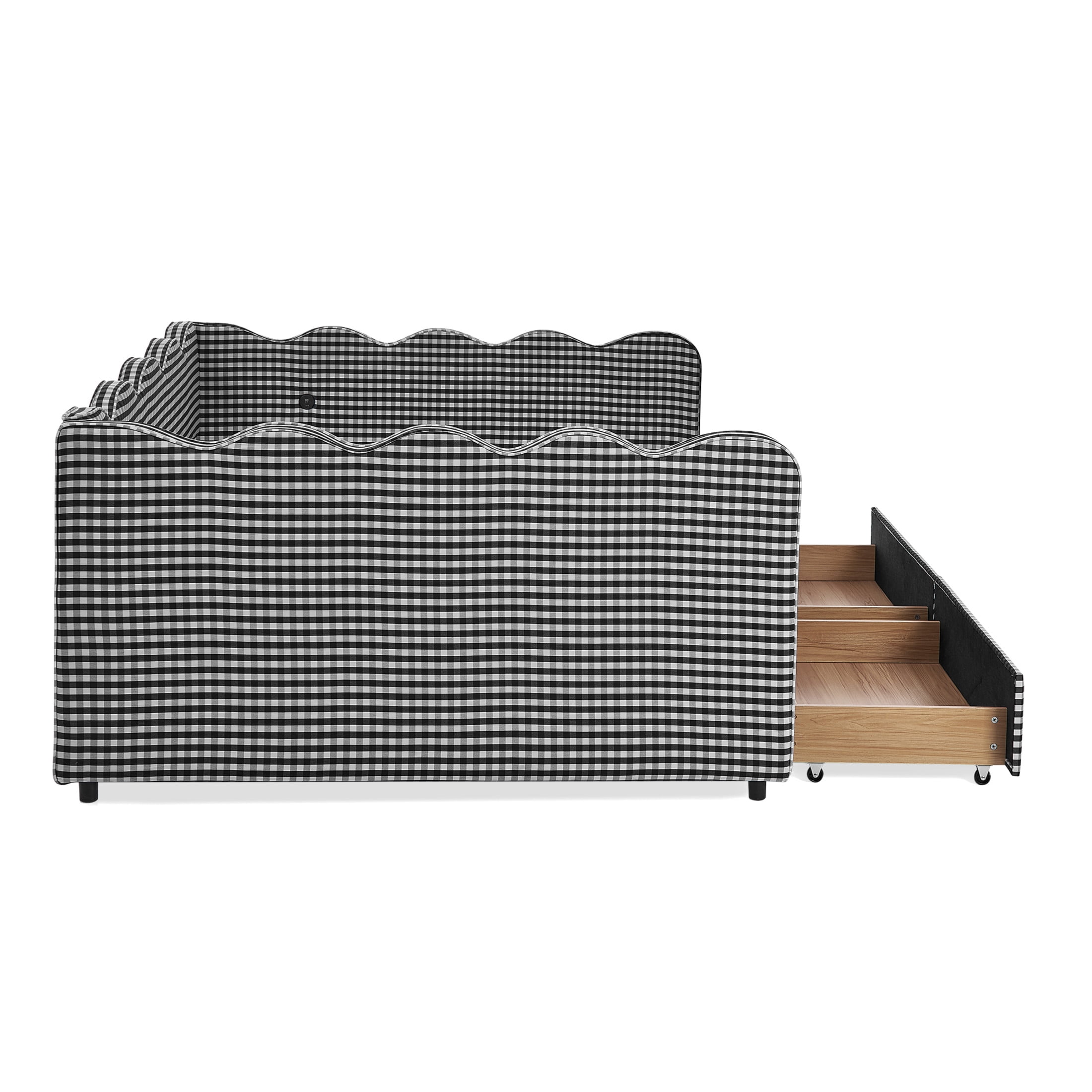 Noble House Corlan Queen Size Waved Daybed, Cozy Gingham Linen Sofa Bed with Storage Drawers and Charging Port, Black
