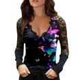 thumbnail image 1 of Women`s Exquisite Flowy Smooth V-neck Lace Edge Printing Long Sleeve Polyester Splice Top(Multicolor,L), 1 of 4