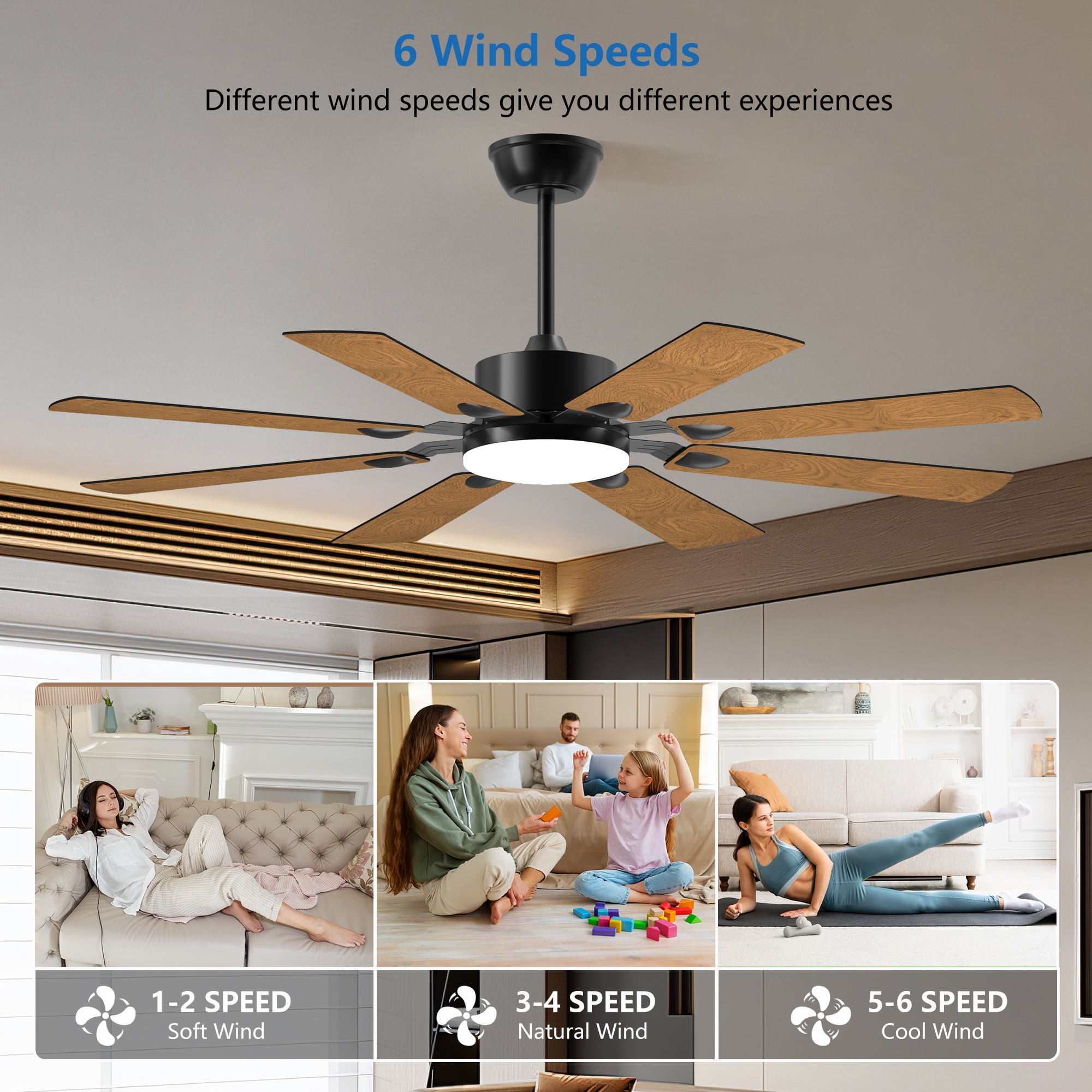 Leumius 52" Ceiling Fan with Lights and Remote Control, 8 Plywood Blades, 6-Speed Noiseless Reversible DC Motor, 3CCT, Windmill Ceiling fan for Kitchen Bedroom Living Room Black