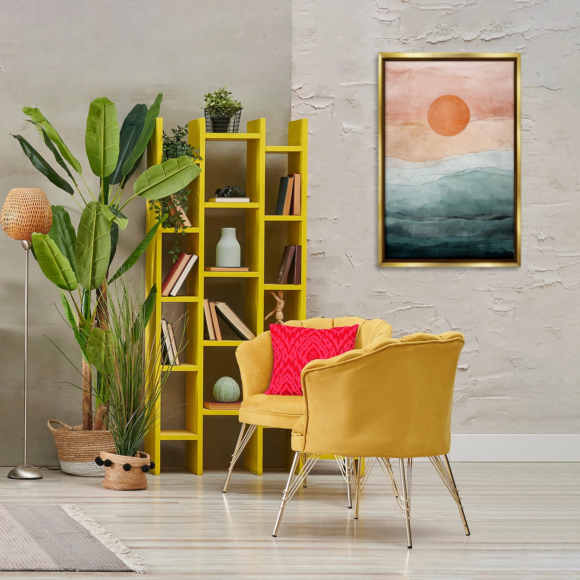Stupell Industries Crimson Orb Landscape Landscape Painting Gold Floater Framed Canvas Art Print Wall Art, 21 x 31