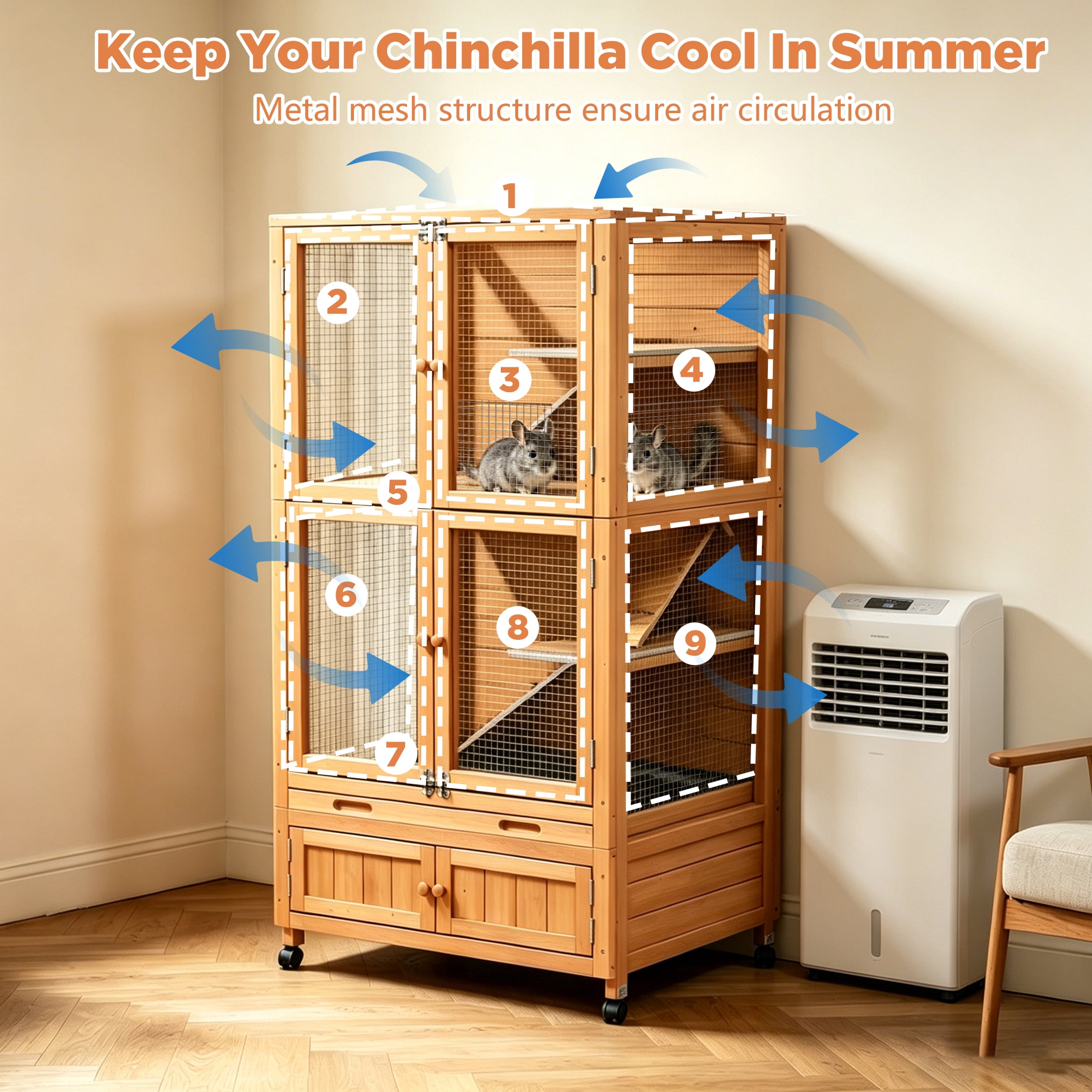 Multi-Level Chinchilla Cage Chew-Proof Indoor Ventilated Wood Small Animal Hutch with Wheels Storage Cabinet,Orange